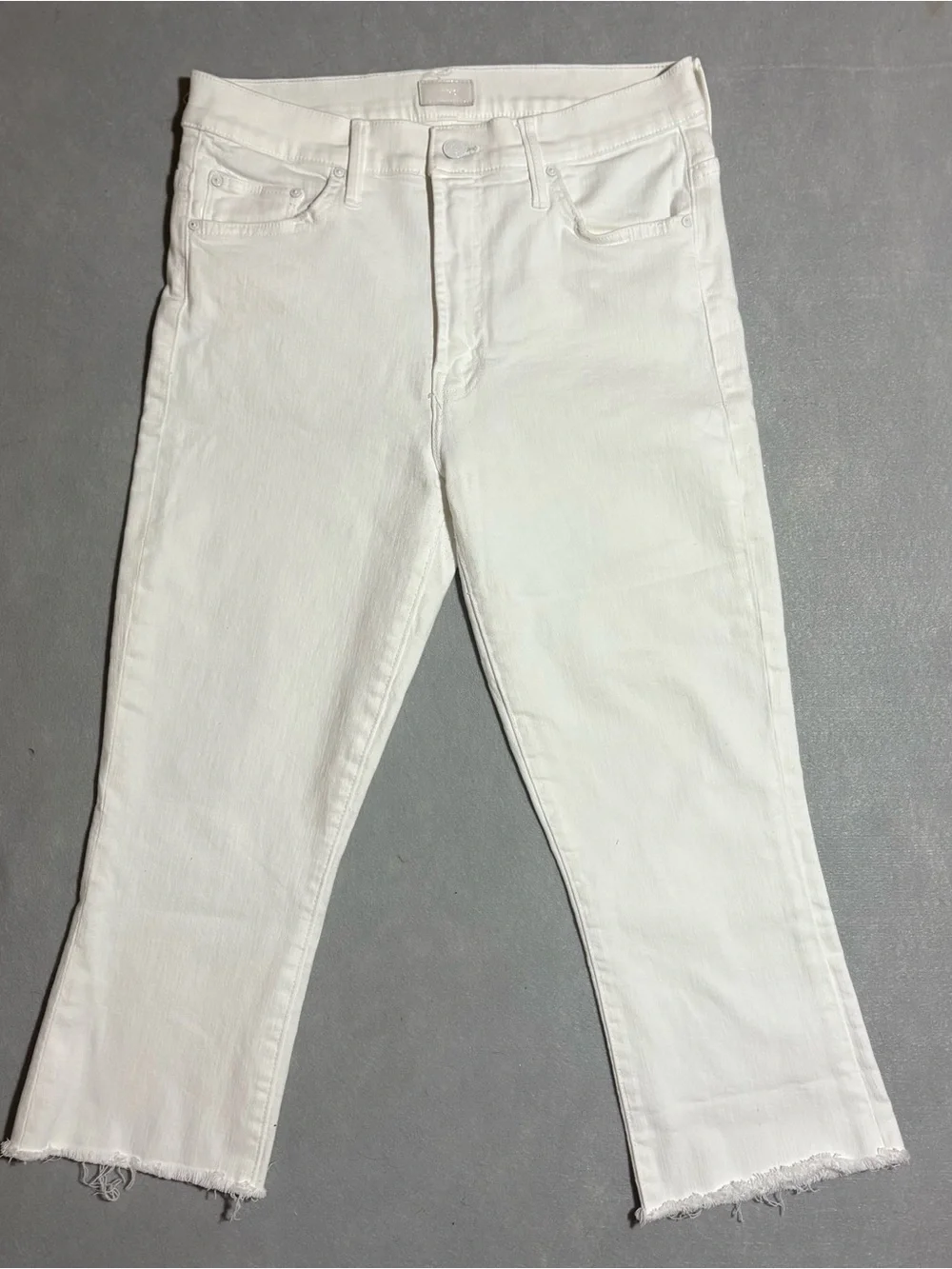 MOTHER Insider Crop Step Fray White Jeans 29 High Rise Kick Flare Raw Hem Coasta